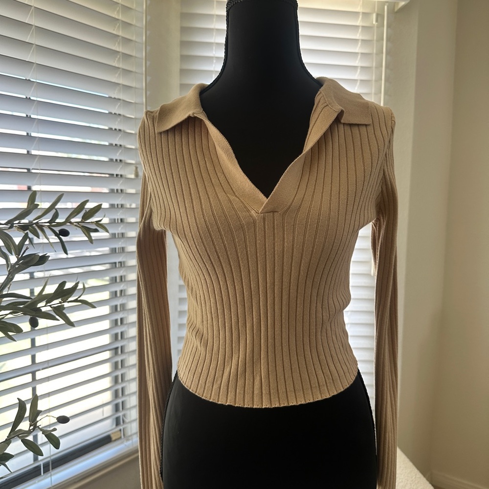 Beige Ribbed Collared Blouse
